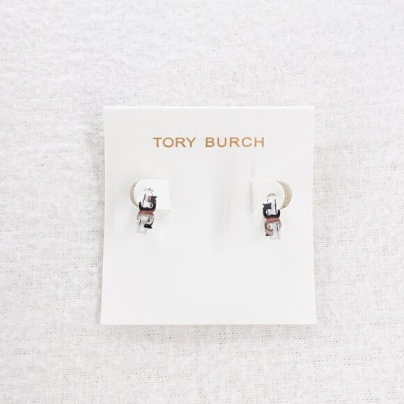 Tory Burch Serif-T Enamel Huggie Hoop Earrings Silver/Ivory OS - Picture 2 of 12